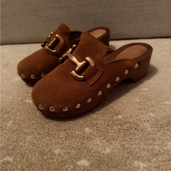 Boden Shoes - Boden Brown Suede Studded Clog Mules with Gold Bit